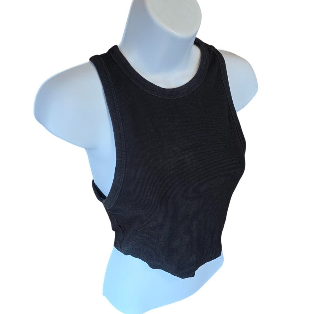 Zara Ribbed Crop Tank‎ Top Women L Black Minimalist Racerback Basics Streetwear